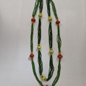 Handcrafted Green Beaded Necklace with Red and Yellow Accents